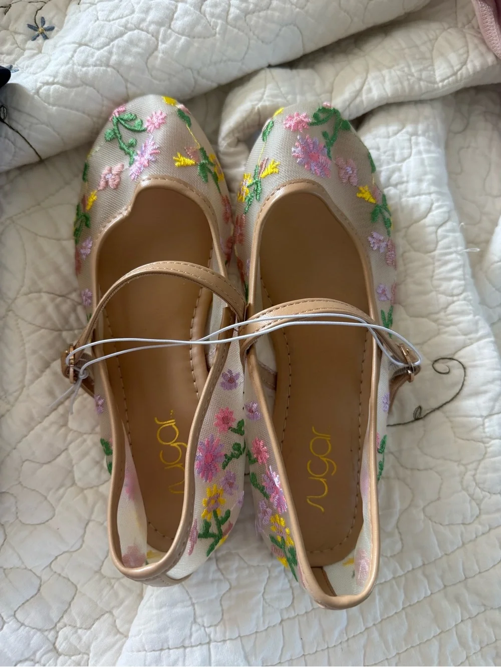 Sugar Nude Floral Embroidered Mary Jane Flats